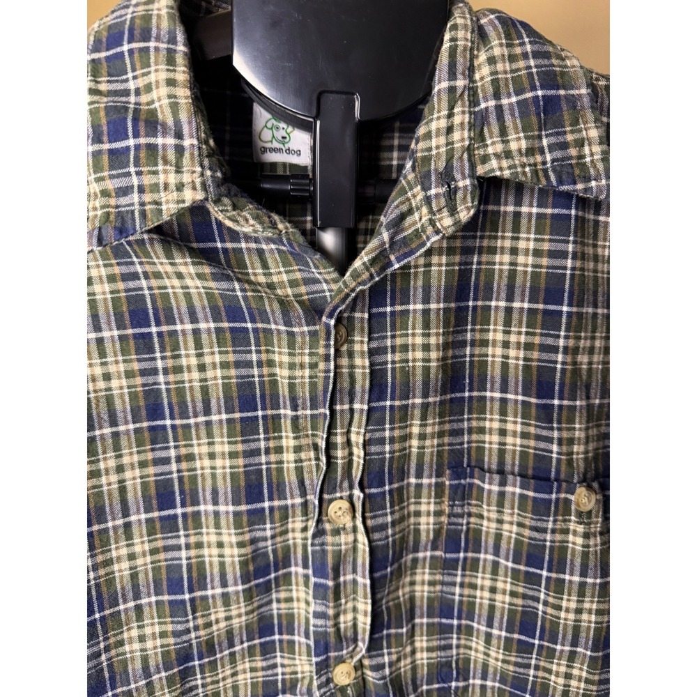 Green Dog Mens Plaid Button Down Shirt‎ Long Sleeve Navy Green Tan Casual Large